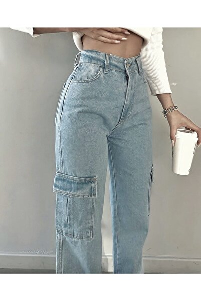 SHEVEGA Blugi cu talie înaltă Lycra Ice Blue Flare - Buzunar cargo și picior lat