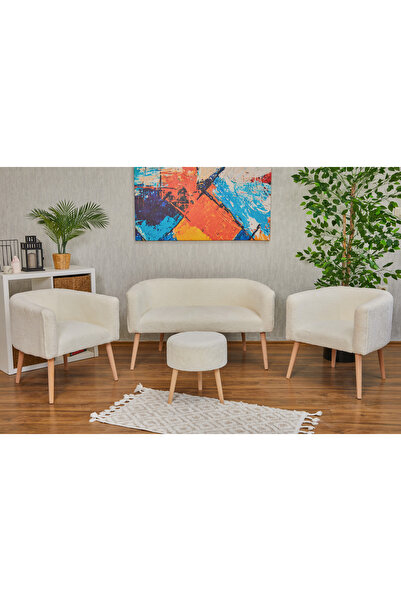 WEBPANYA Milano BEYAZ Teddy Kumaş Çay Seti Koltuk Takımı - Ofis Balkon Kafe B...