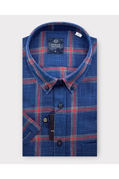 KAMER ERKEK REGULAR FIT KISA KOL %100 PAMUK LACİVERT EKOSE GÖMLEK 9437R