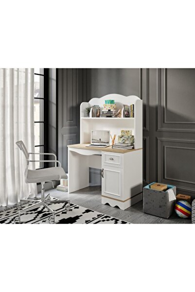 Baby Darling %100 Mdf Lisa Kitaplıklı Çalışma Bilgisayar Masası Meşe Beyaz (ÜST ÜNİTE DAHİL)