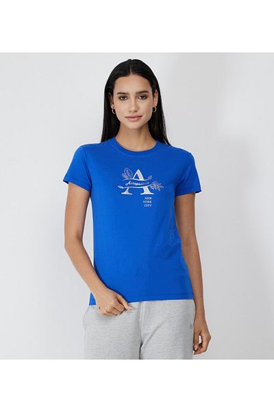 Aeropostale تي شيرت نسائي بأكمام قصيرة وياقة دائرية وطبعة نصية باللون الأزرق