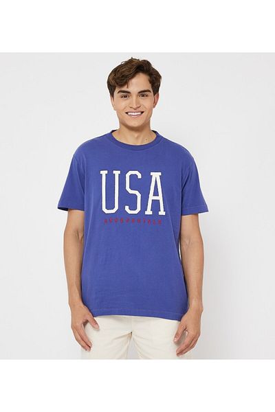 Aeropostale تي شيرت رجالي بأكمام قصيرة وياقة دائرية وطبعة نصية باللون الأزرق