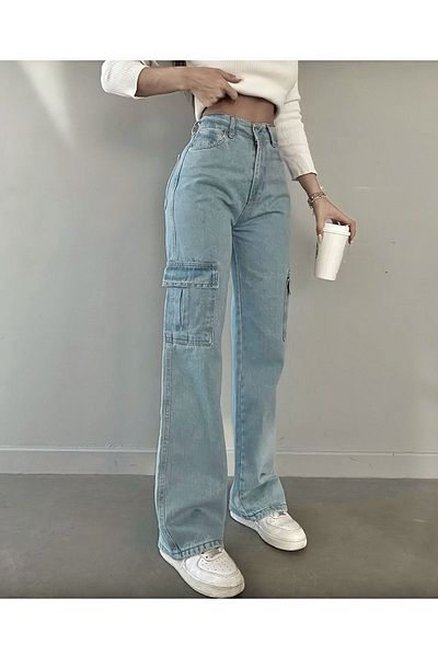 SHEVEGA Ψηλόμεσο Lycra Ice Blue Flare Jean - Τσέπη Cargo και φαρδύ πόδι