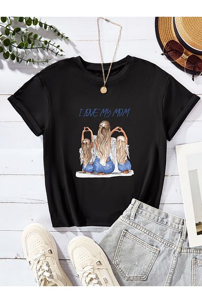 Let's Wear Премиум тениска за момиче - щампа „Обичам мама“, кръгло деколте