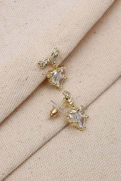 Süspüs Accessories Gold Colored Heart Jewelled Bow Earrings