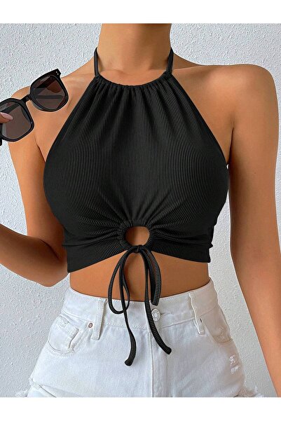 Liona Halter Yaka Bağlamalı Büzgülü Siyah Renk Fitilli Crop Top Bluz