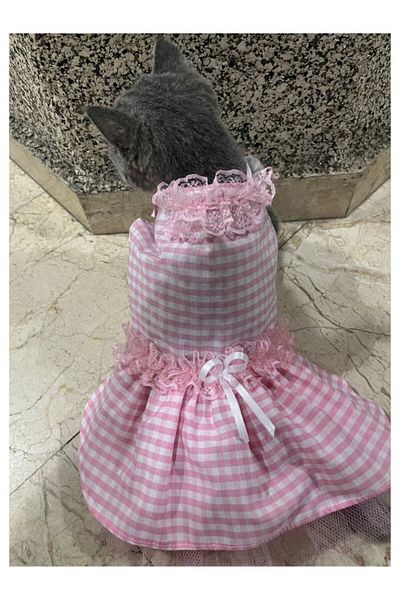 Gobo Pink and White Checked Ribbon Cat Dog Dress