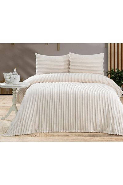 BALADI HOME Cream Color Rabbit Plush Blanket Double (Set 3 Pieces) 2 Pillows High Quality