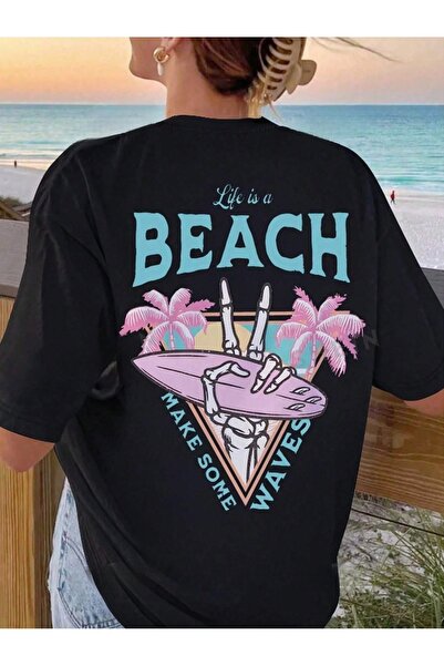 over head oh Crna Oversize kroj T-shirt - Život JE Plaža Štampano