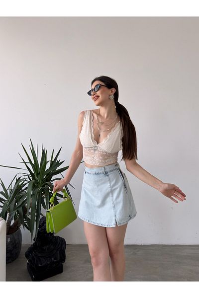 Fav Style Light Blue Women's Mini Shorts Skirt - Double Pocket Denim Back