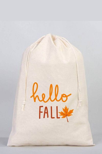 Florence Event Hello Fall Written Autumn Leaf Printed 100% Cotton Raw Cloth Pouch 30x40 Cm