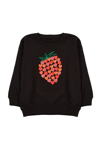 TRENDYOLKIDS Thin Strawberry Embroidery Black Seasonal Sweatshirt for Girl - Crew Neck Tkdaw25sw00001