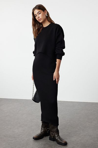 Trendyol Collection Knitwear Midi Sweater and Dress Set - Black Twoaw25El00060