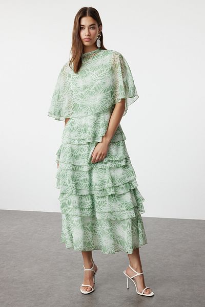 Trendyol Modest Grüner Abendkleid aus gewebtem Chiffon mit Blumenrock und Lagenmuster TCTSS24DB00007