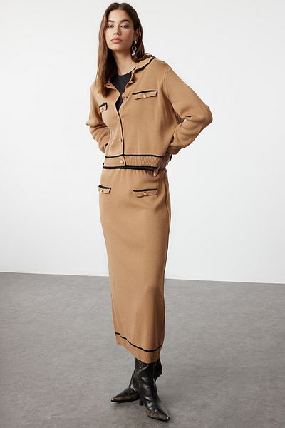 Trendyol Modest Camel Knitwear Cardigan and Skirt Set - Piping TCTAW25US00026