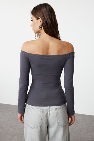 Trendyol Collection Stretchy Corded Knitted Blouse - Anthracite Carmen Collar, Regular Length, Body Fitting TWOAW25BZ00034