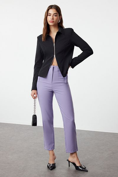 Trendyol Collection Fliederfarbene Cigarette-Webhose mit hoher Taille und Knöchellänge TWOSS20PL0515