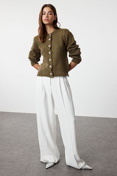 Trendyol Collection Khaki puha textúrájú drágakő gombos kabát megjelenésű kötöttáru kardigán TWOAW21HI0034