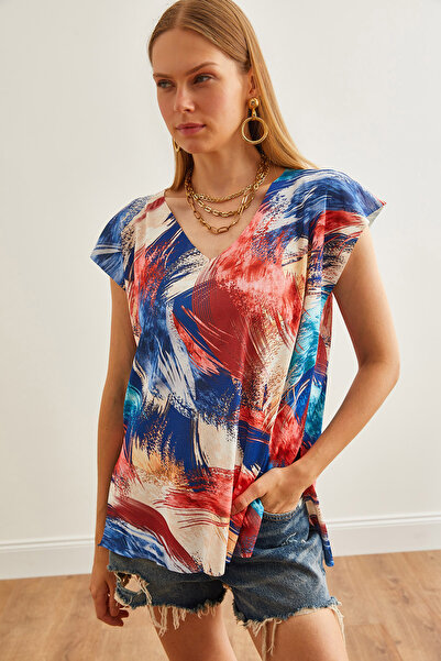 Olalook Πολύχρωμη γυναικεία πλεκτά μπλούζα με ψηφιακή εκτύπωση V-Neck - BLZ-19002700