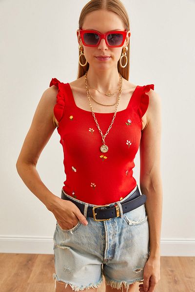 Olalook Red Frilly Embroidered Women's Knitwear Blouse - BLZ-19002607