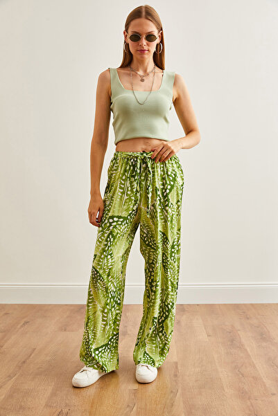 Olalook Green Viscose Drop Patterned Palazzo Trousers - Lace-up Waist PNT-19000287