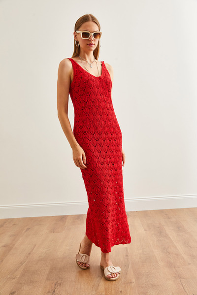 Olalook Red Openwork Knitwear Dress - Strappy and Lined, ELB-19002174