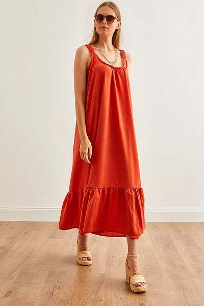 Olalook Narancssárga Oversize Maxi női ruha - pántos szőtt ELB-19002235