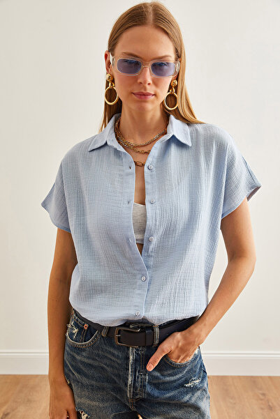 Olalook Cămașă de damă din muselină cu mânecă liliac albastru gheață - GML-19001215