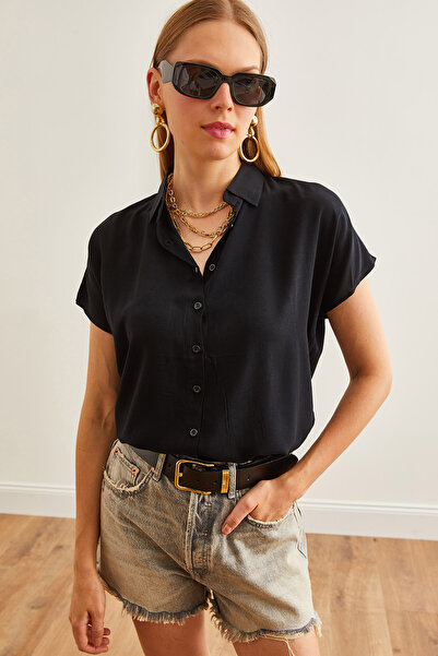 Olalook Black Viscose Oversize Shirt - Back Pleated, GML-19001229