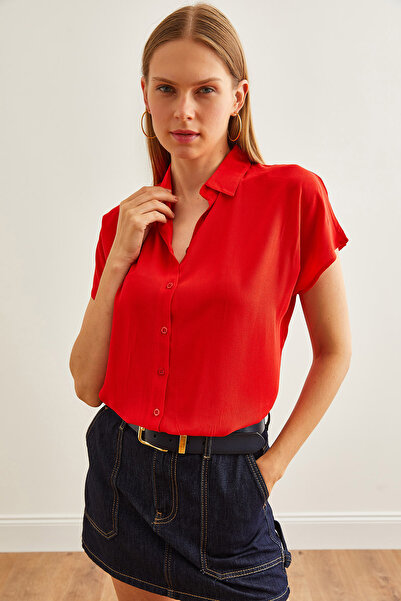 Olalook Red Oversize Viscose Shirt - Pleated Back Design, GML-19001229