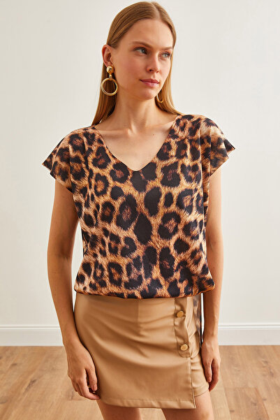 Olalook Leopard Print Camel Knitwear Μπλούζα - V-Neck, Digital Print BLZ-19002700