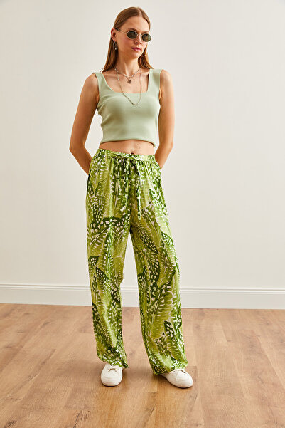 Olalook Green Viscose Drop Patterned Palazzo Trousers - Lace-up Waist PNT-19000287