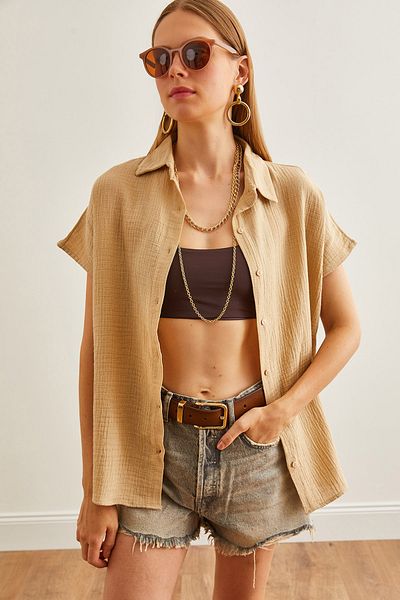 Olalook Dunkelbeiges Musselin-Basic-Shirt - Fledermausärmel GML-19001215