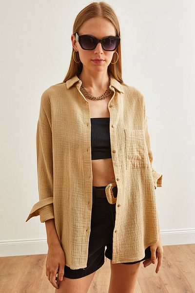 Olalook Camel Color Oversize Women's Muslin Shirt - GML-19001217