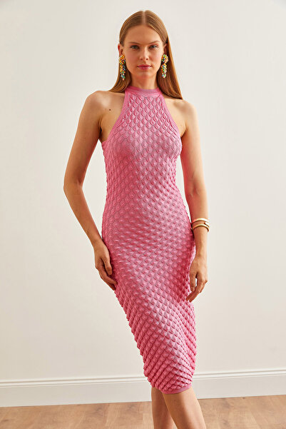 Olalook Ροζ φόρεμα πλεκτό με λαιμόκοψη - Fish Back Knitted, Summer, ELB-19002234