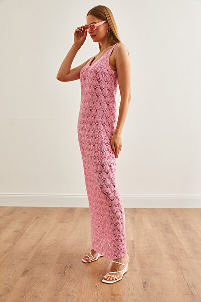 Olalook Kadın Pembe Askılı Astarlı Ajurlu Triko Elbise ELB-19002174