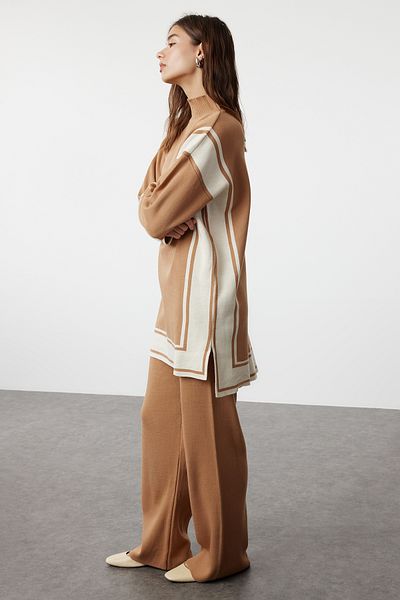 Trendyol Modest Relaxed Fit Camel Knitwear Striped Tunic and Trousers Set - TCTAW24US00057