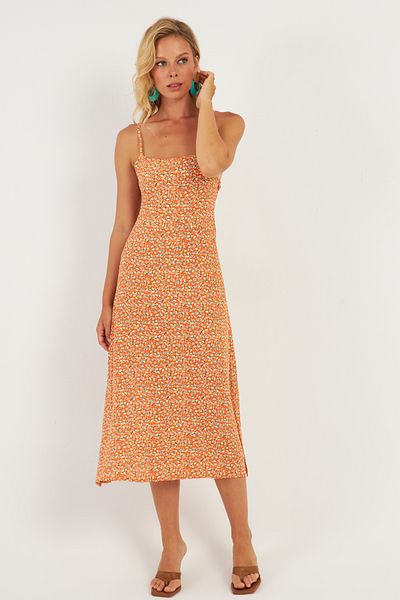 Cool & Sexy Orange Midi Dress - Elastic Back Pattern, MP427