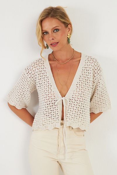 Cool & Sexy Openwork Ecru Knitwear Women's Cardigan - YV255