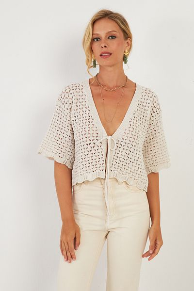 Cool & Sexy Openwork Ecru Knitwear Women's Cardigan - YV255