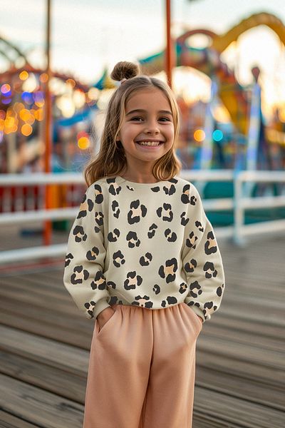 TRENDYOLKIDS Beige Girl's Knitted Sweatshirt - Thin Leopard Print, Seasonal Tkdaw25sw00001