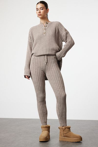 Trendyol Collection Mink bordás széles szabású kötöttáru alsó-felső szett TWOAW22AU0039