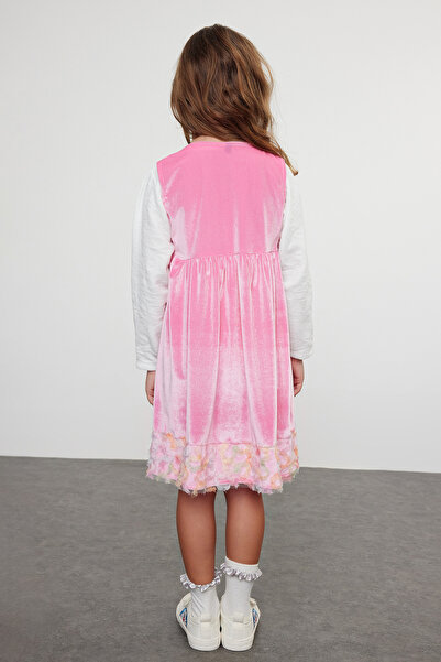 TRENDYOLKIDS Κοριτσίστικο Φούξια Κορδέλες Βαμβακερό Πλεκτό Φόρεμα - TKDAW25EL00002