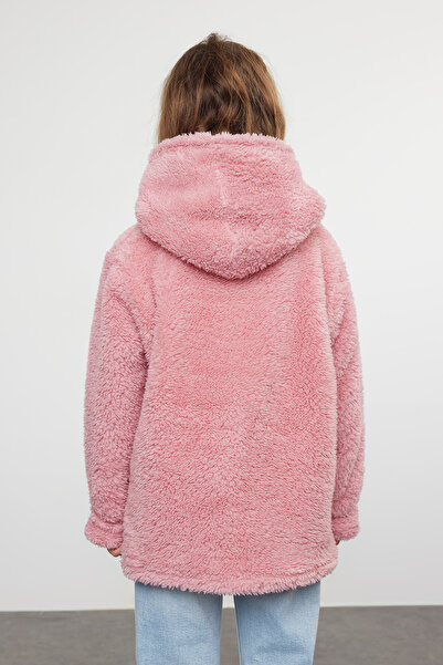 TRENDYOLKIDS Girl's Pink Hooded Plush Jacket - Pocket, Knitted TKDAW25CE00003