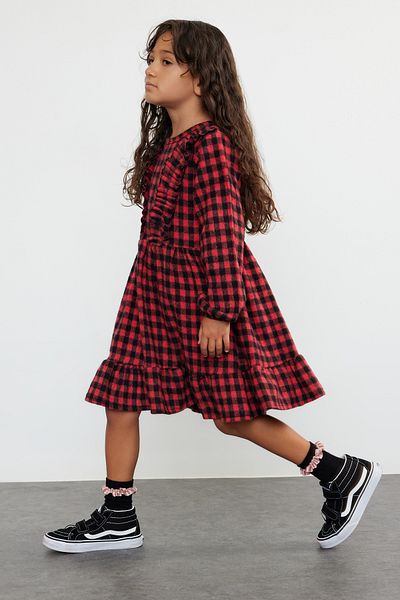TRENDYOLKIDS Piros lány kockás normál ruha - TKDAW25EL00004