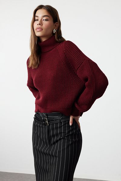 Trendyol Collection Bordeauxroter kurzer Rollkragen-Strickpullover TWOAW25KZ00002