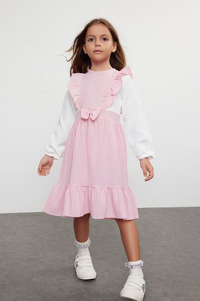 TRENDYOLKIDS Girl's Cotton Knitted Dress - Pink, Ribbon and Ruffle Detail Tkdaw25El00003
