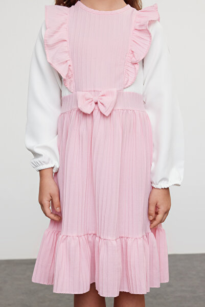 TRENDYOLKIDS Girl's Cotton Knitted Dress - Pink, Ribbon and Ruffle Detail Tkdaw25El00003