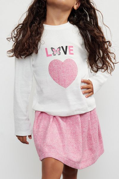 TRENDYOLKIDS Girl's Ecru Sweatshirt and Mini Skirt Set - Heart Patterned, Knitted Set TKDAW25AU00024