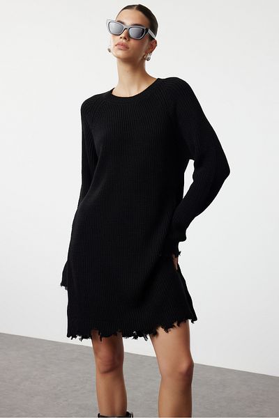 Trendyol Collection Černé mini úplety Široký střih Splývavé detailní rovné šaty TWOAW24EL00113